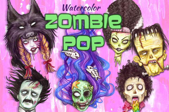 Download Watercolor Zombie Pop Illustrations Set - Illustrations Collection